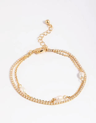 Gold Plated Cubic Zirconia Cupchain & Pearl Bracelets 2-Pack