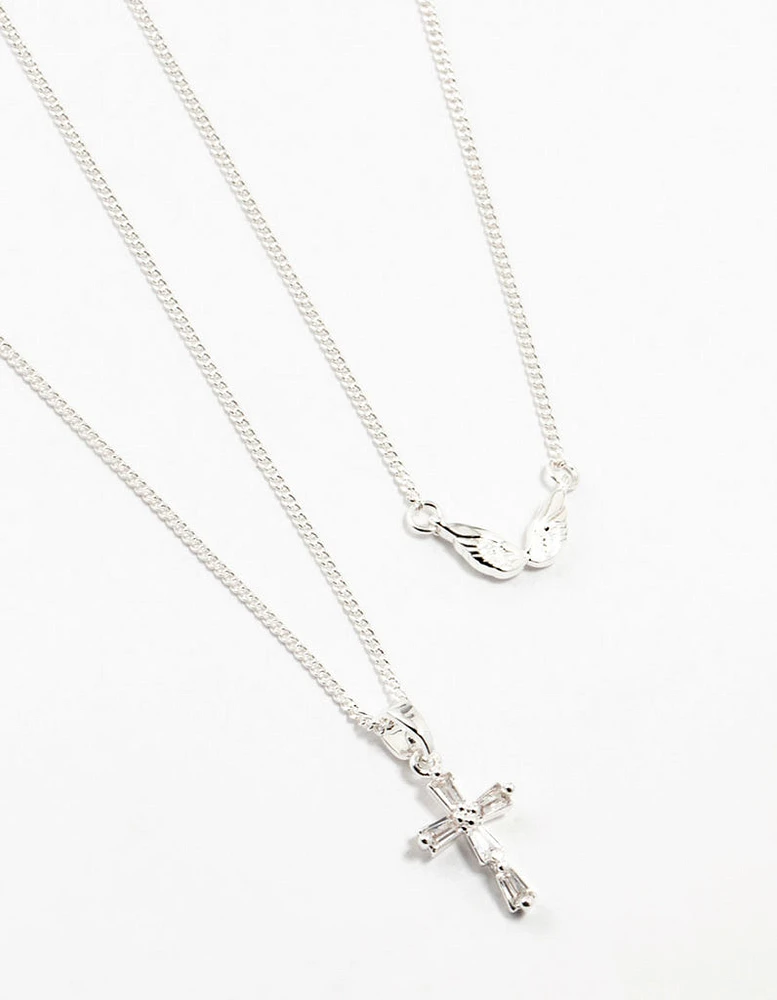 Silver Plated Wing & Diamante Cross Necklace