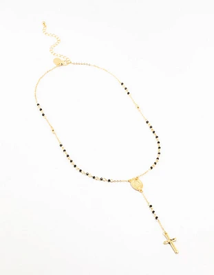 Gold Plated Cross Mary Beaded Necklace