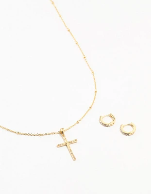 Gold Plated Diamante Edge Cross Necklace & Huggie Earrings Set