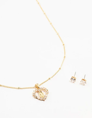 Gold Plated Diamante Heart Mary Necklace & Stud Earrings Set