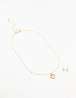 Gold Plated Diamante Heart Mary Necklace & Stud Earrings Set