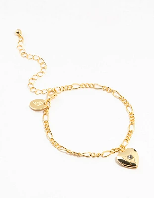 Gold Plated Diamante Heart Locket Figaro Bracelet