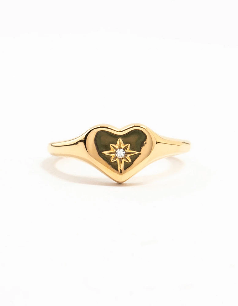 Waterproof Gold Plated Stainless  Steel Cubic Zirconia Heart Signet Ring SM/ML