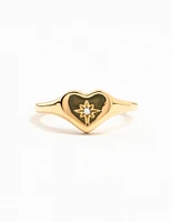 Waterproof Gold Plated Stainless  Steel Cubic Zirconia Heart Signet Ring SM/ML