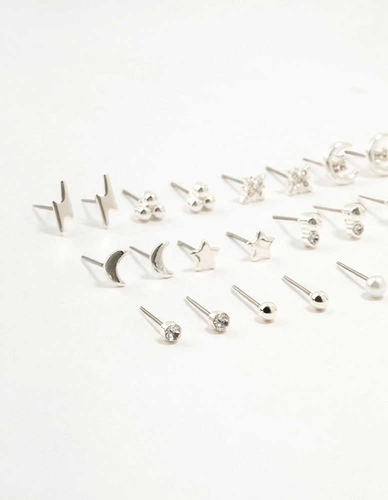 Silver Star & Moon Stud Earrings 12-Pack