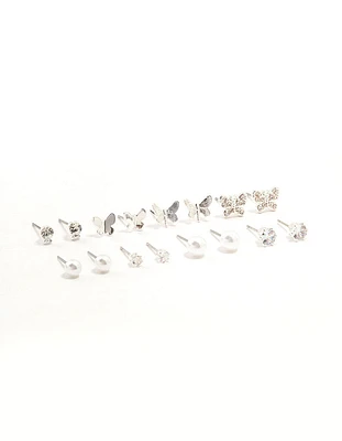 Silver Pearl Diamante Butterfly Earrings 8-Pack