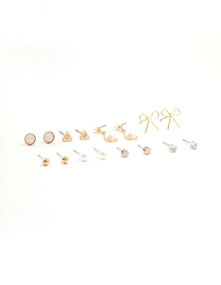 Gold Marbled Pearl & Bow Earrings 8-Pack