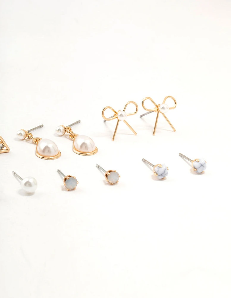 Gold Marbled Pearl & Bow Earrings 8-Pack