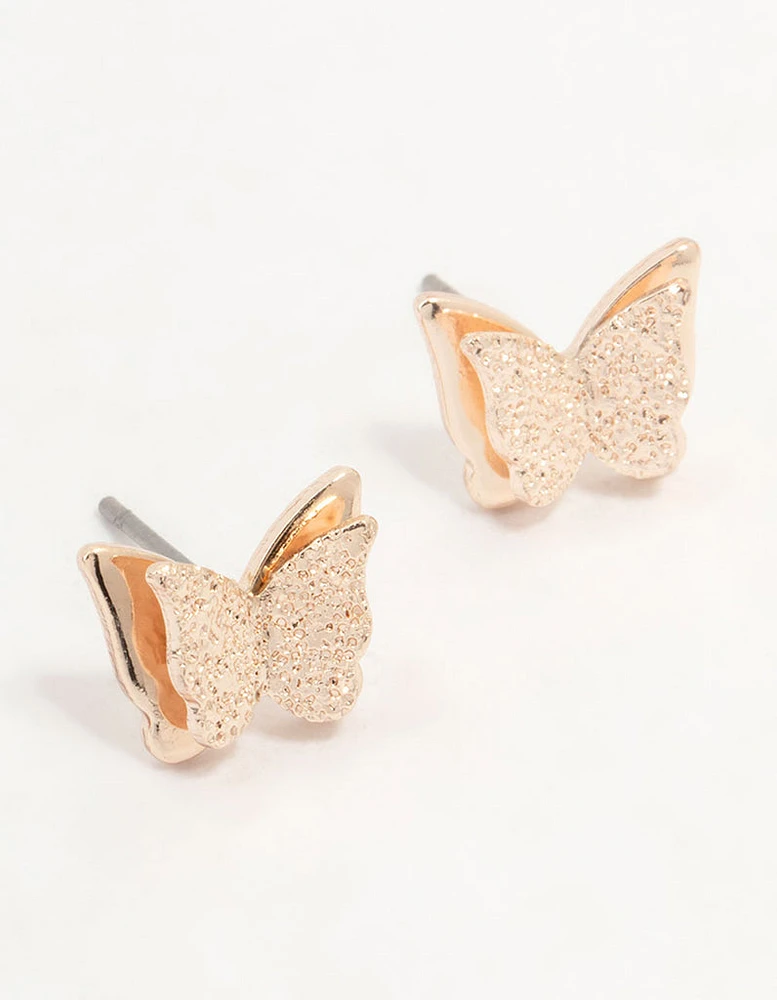 Rose Gold Sandblast Butterfly Stud Earrings