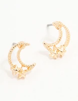 Gold Stapled Moon & Star Stud Earrings