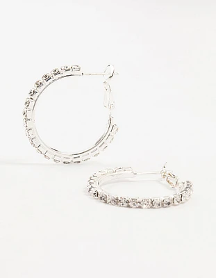 Rhodium Cup Chain Diamante Hoop Earrings