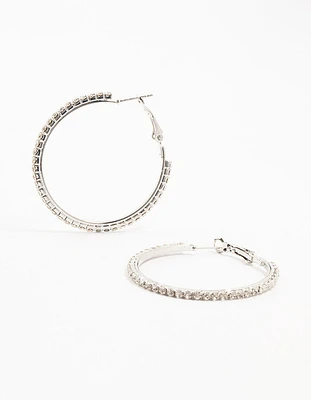 Silver Large Skinny Diamante Hoop Earrings