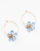 Gold Coated Blue Stapled Flower Hoop Earrings