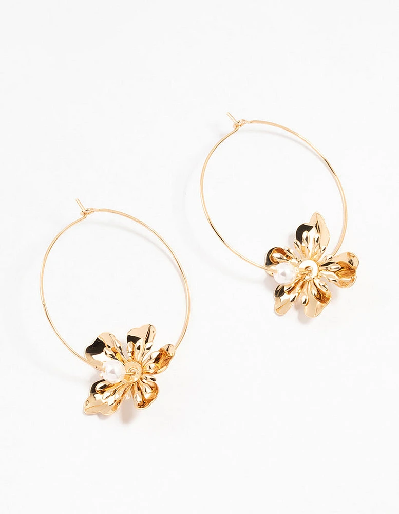 Gold Pearl Spike Flower Hoop Earrings