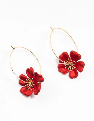 Gold Red Pearlised Stapled Flower Drop Earrings