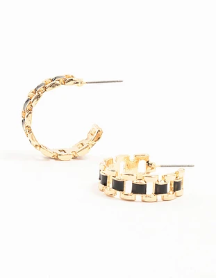 Gold & Black Narrow Watch Strap Hoop Earrings