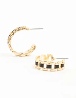 Gold & Black Narrow Watch Strap Hoop Earrings