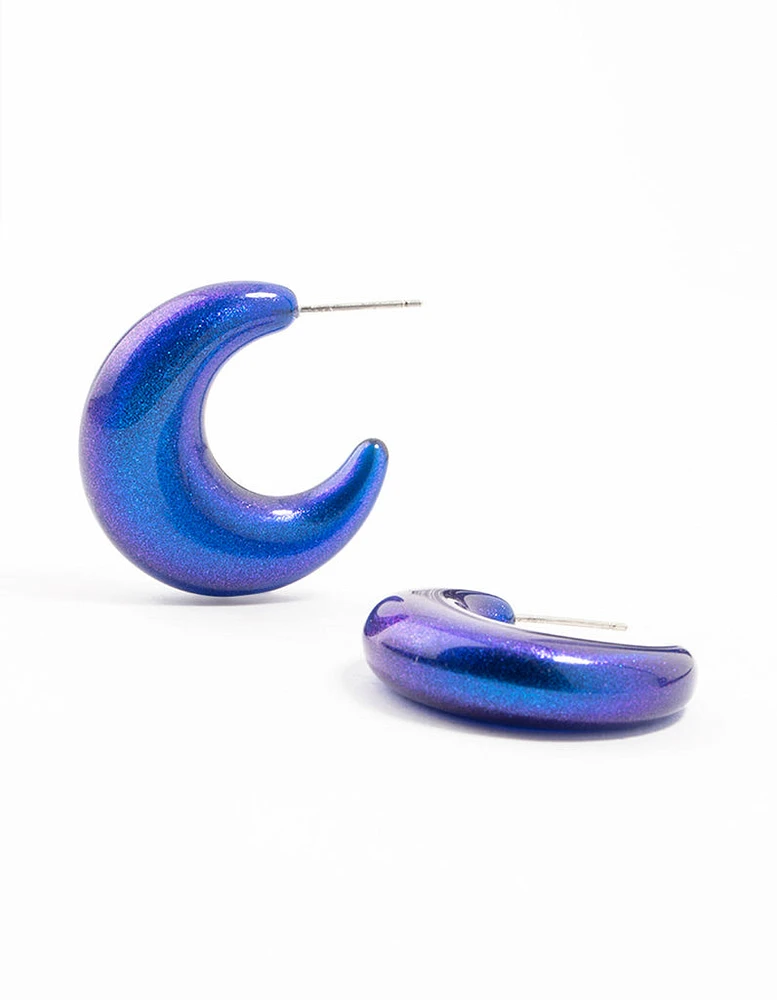 Dark Blue Coated Glitter Pacman Hoop Earrings