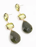 Gold Rectangular Green Diamante Drop Earrings