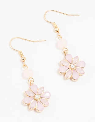 Gold & Pink Beaded Diamante Flower Drop Earrings