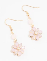 Gold & Pink Beaded Diamante Flower Drop Earrings