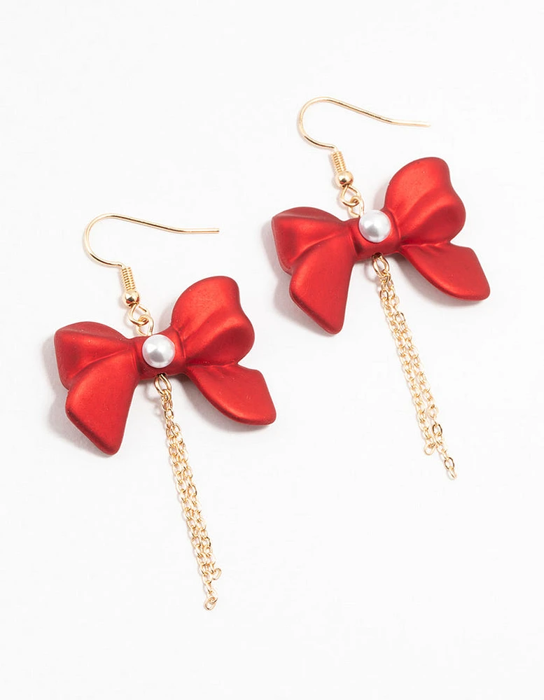 Gold Pearlised Red Bow Chain Drop Earrings