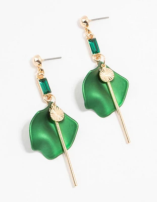 Gold Green Pearlized Bow Chain Drop Earrings