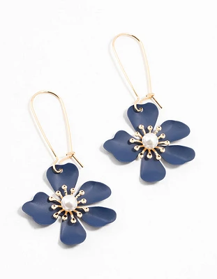 Gold Fishook   Blue Pearl Flower Hoop Earrings