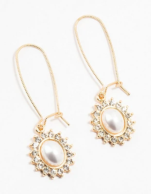 Gold Pearl & Flower Fishook Hoop Earrings