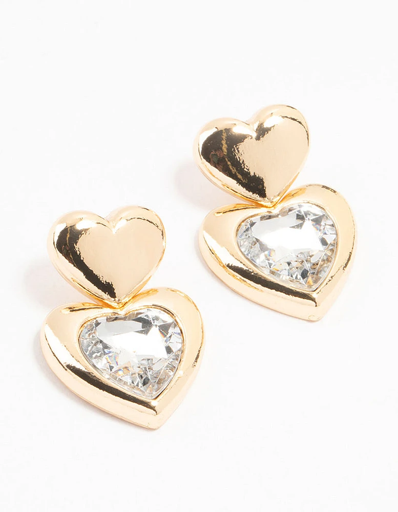 Gold Diamante Puffy Heart Drop Earrings