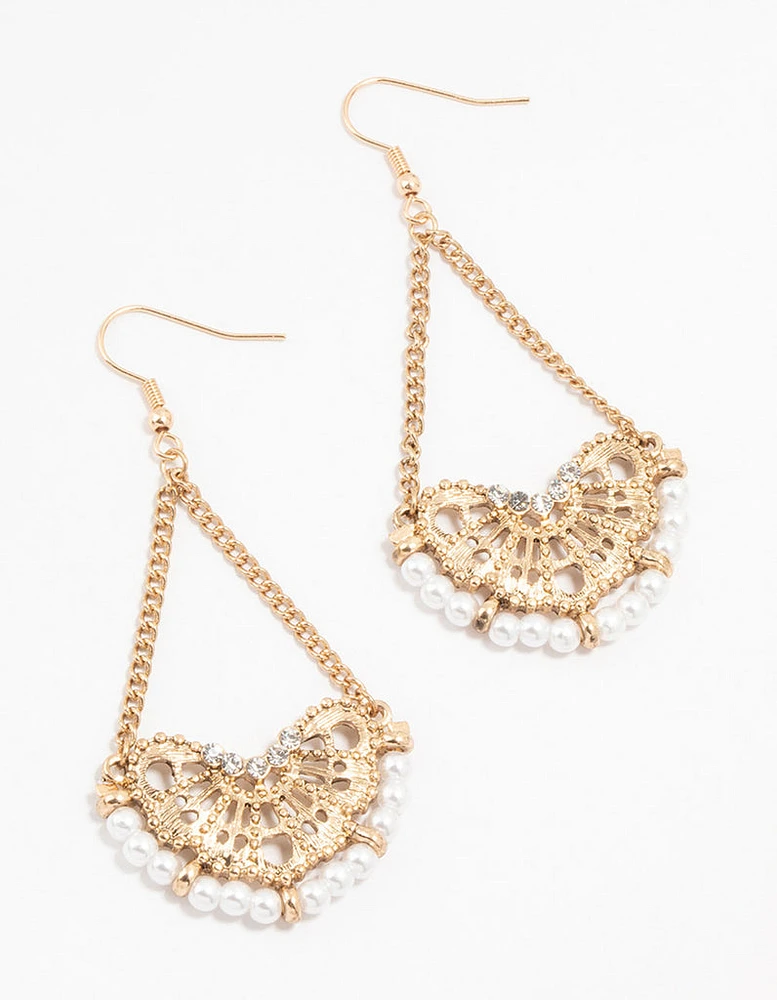 Antique Gold Pearl Chandelier Drop Earrings