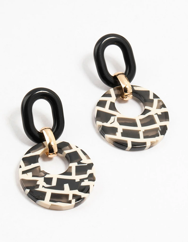 Acrylic Black & White Checked Disc Drop Earrings