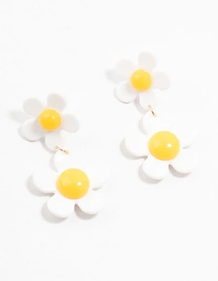 Acrylic White & Yellow Double Daisy Drop Earrings