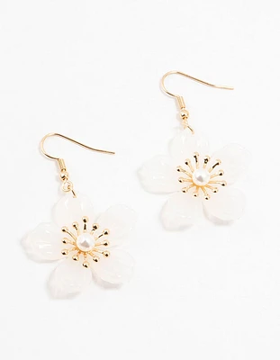 White Acrylic Spikey Flower Pearl Drop Earrings