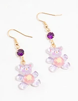 Purple Acrylic Diamante Glitter Teddy Bear Drop Earrings