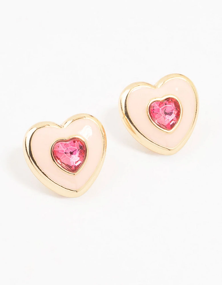 Gold & Pink Acrylic Heart Stud Earrings