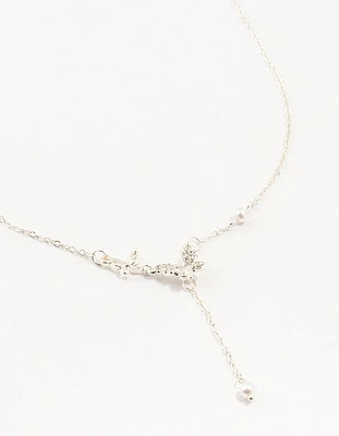 Silver Diamante Pearl Butterfly  Y-Necklace