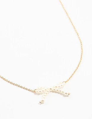 Gold Pearl Bow Necklace