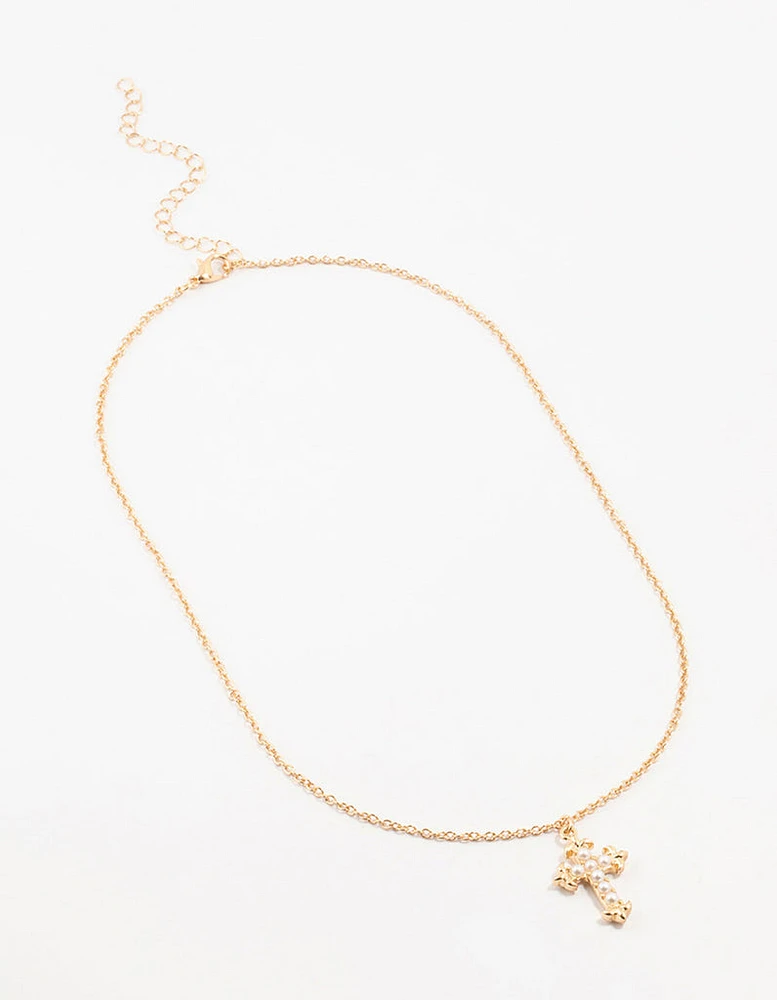 Gold Pearl Cross Necklace