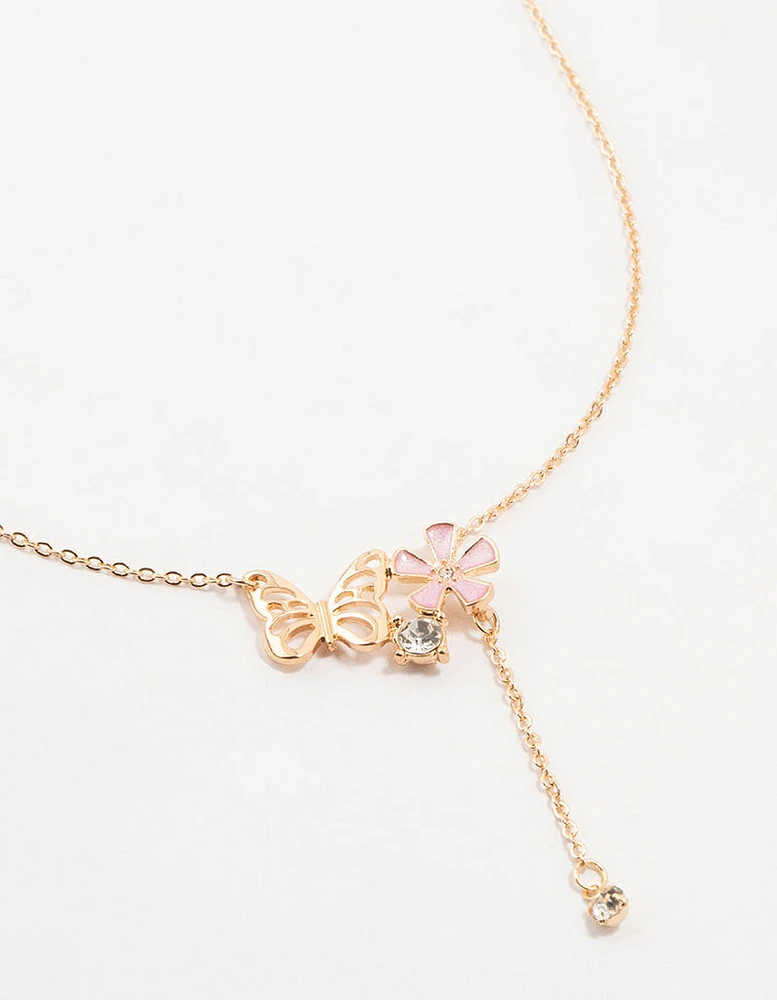 Gold Butterfly Flower Diamante Drop Necklace