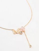 Gold Butterfly Flower Diamante Drop Necklace