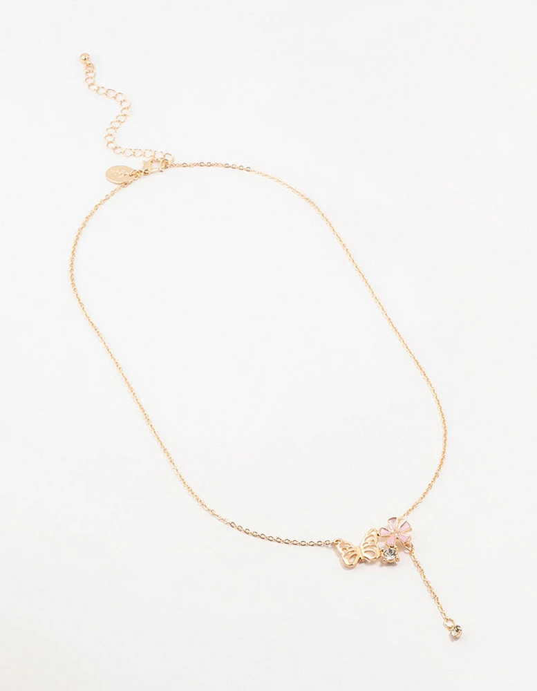 Gold Butterfly Flower Diamante Drop Necklace