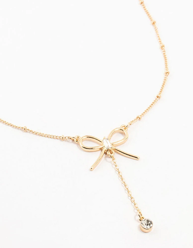 Gold Diamante Ball & Chain Bow Drop Necklace