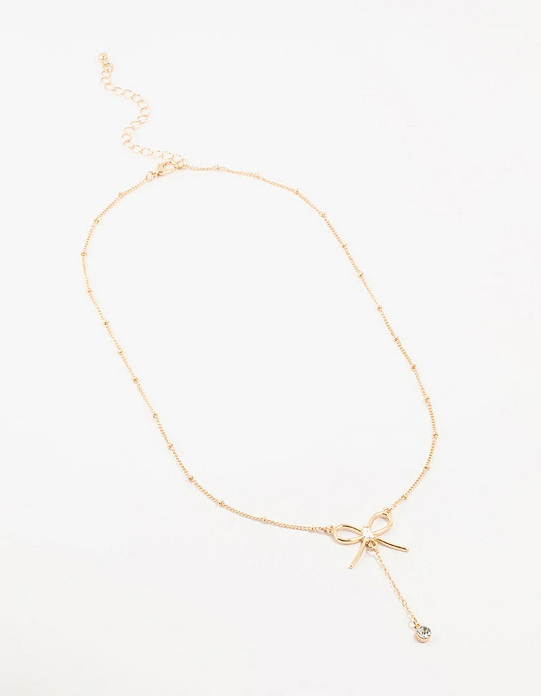 Gold Diamante Ball & Chain Bow Drop Necklace