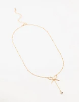 Gold Diamante Ball & Chain Bow Drop Necklace