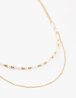 Gold Beaded Tab Chain Layered Necklace