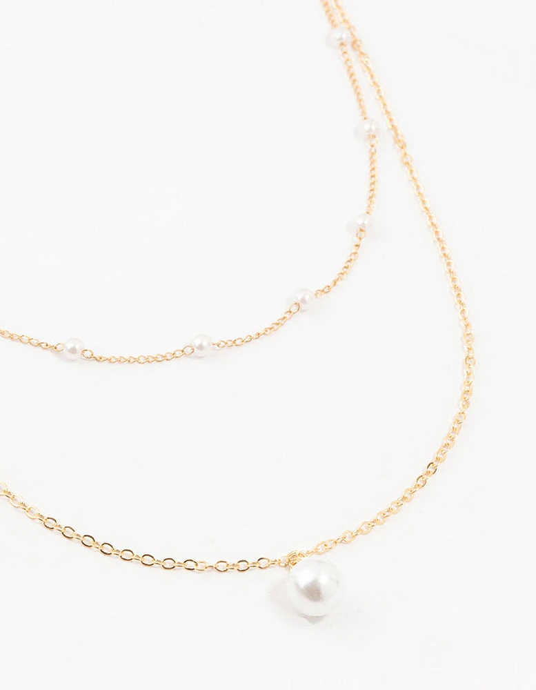 Gold Station Pearl Pendant Layered Necklace