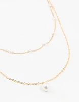 Gold Station Pearl Pendant Layered Necklace