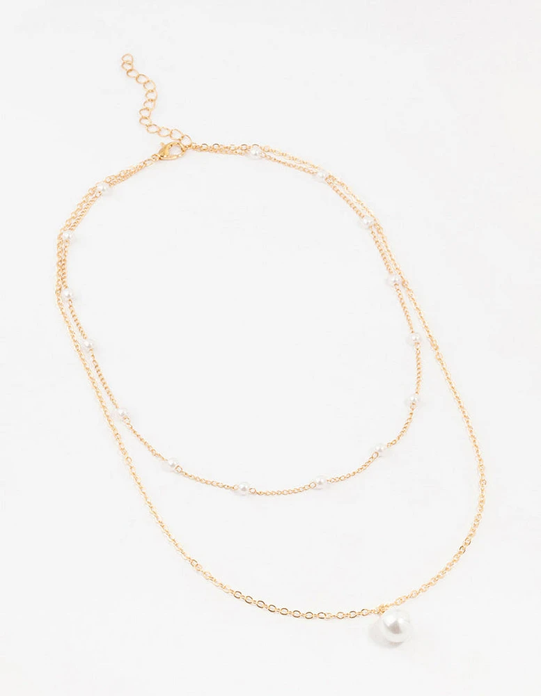 Gold Station Pearl Pendant Layered Necklace